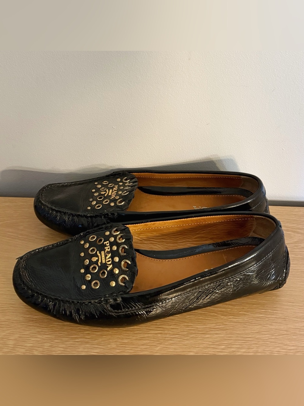 Prada Black Patent Leather Studded Slip On Loafers